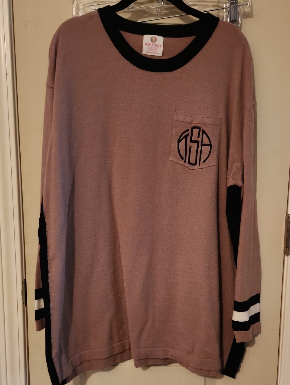 Mauve Crewneck Sweater with Black Trim and Pocket Monogram